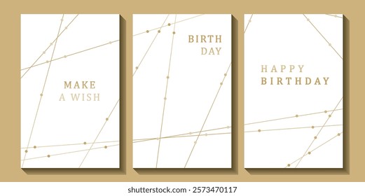 Set of luxury birthday cards on a white background. Modern gold and white design. Golden elegant geometric pattern, gold line on light background. Premium design illustration for birthday party.