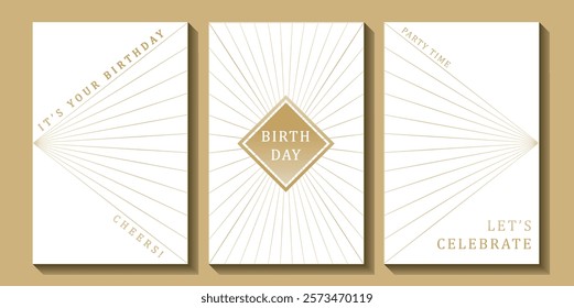 Set of luxury birthday cards on a white background. Modern gold and white design. Golden elegant geometric pattern, gold line on light background. Premium design illustration for birthday party.