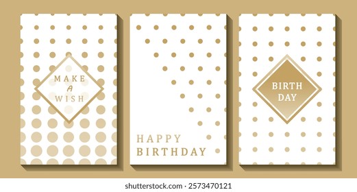 Set of luxury birthday cards on a white background. Modern gold and white design. Golden elegant geometric pattern, gold line on light background. Premium design illustration for birthday party.