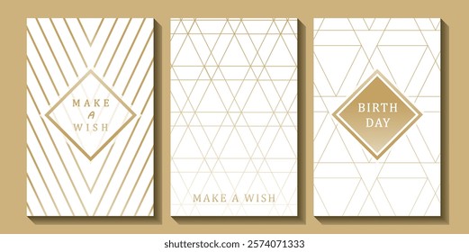 Set of luxury birthday cards on a white background. Modern gold and white design. Golden elegant geometric pattern, gold line on light background. Premium design illustration for birthday party.