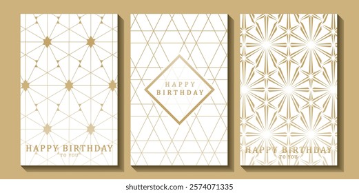 Set of luxury birthday cards on a white background. Modern gold and white design. Golden elegant geometric pattern, gold line on light background. Premium design illustration for birthday party.