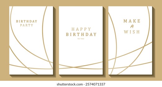 Set of luxury birthday cards on a white background. Modern gold and white design. Golden elegant geometric pattern, gold line on light background. Premium design illustration for birthday party.