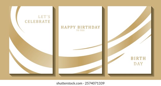 Set of luxury birthday cards on a white background. Modern gold and white design. Golden elegant geometric pattern, gold line on light background. Premium design illustration for birthday party.