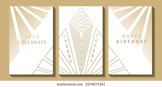 Set of luxury birthday cards on a white background. Modern gold and white design. Golden elegant geometric pattern, gold line on light background. Premium design illustration for birthday party.