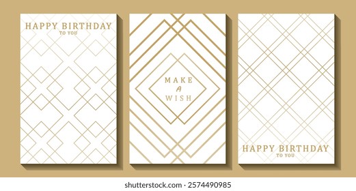 Set of luxury birthday cards on a white background. Modern gold and white design. Golden elegant geometric pattern, gold line on light background. Premium design illustration for birthday party.