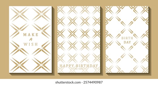 Set of luxury birthday cards on a white background. Modern gold and white design. Golden elegant geometric pattern, gold line on light background. Premium design illustration for birthday party.