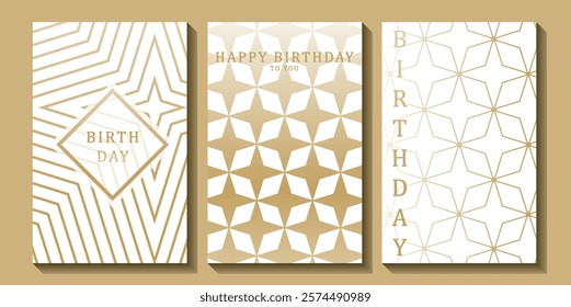 Set of luxury birthday cards on a white background. Modern gold and white design. Golden elegant geometric pattern, gold line on light background. Premium design illustration for birthday party.