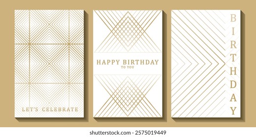 Set of luxury birthday cards on a white background. Modern gold and white design. Golden elegant geometric pattern, gold line on light background. Premium design illustration for birthday party.