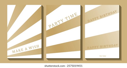 Set of luxury birthday cards on a white background. Modern gold and white design. Golden elegant geometric pattern, gold line on light background. Premium design illustration for birthday party.