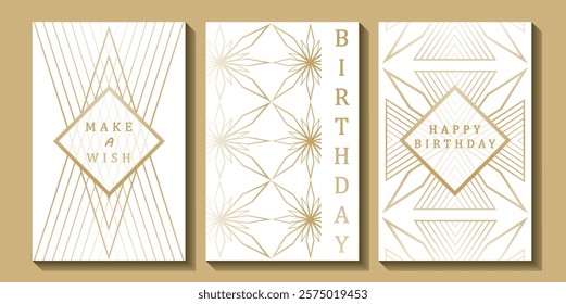 Set of luxury birthday cards on a white background. Modern gold and white design. Golden elegant geometric pattern, gold line on light background. Premium design illustration for birthday party.