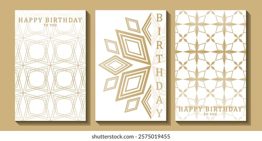 Set of luxury birthday cards on a white background. Modern gold and white design. Golden elegant geometric pattern, gold line on light background. Premium design illustration for birthday party.