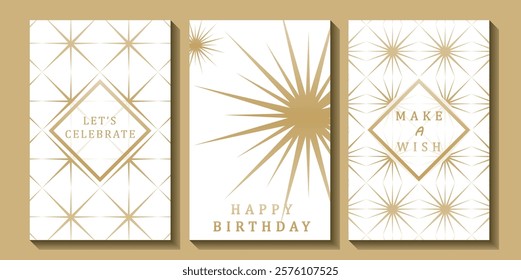 Set of luxury birthday cards on a white background. Modern gold and white design. Golden elegant geometric pattern, gold line on light background. Premium design illustration for birthday party.