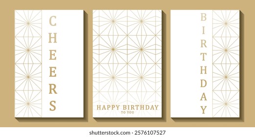 Set of luxury birthday cards on a white background. Modern gold and white design. Golden elegant geometric pattern, gold line on light background. Premium design illustration for birthday party.