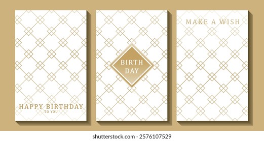 Set of luxury birthday cards on a white background. Modern gold and white design. Golden elegant geometric pattern, gold line on light background. Premium design illustration for birthday party.