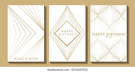 Set of luxury birthday cards on a white background. Modern gold and white design. Golden elegant geometric pattern, gold line on light background. Premium design illustration for birthday party.