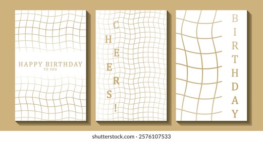 Set of luxury birthday cards on a white background. Modern gold and white design. Golden elegant geometric pattern, gold line on light background. Premium design illustration for birthday party.