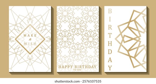 Set of luxury birthday cards on a white background. Modern gold and white design. Golden elegant geometric pattern, gold line on light background. Premium design illustration for birthday party.