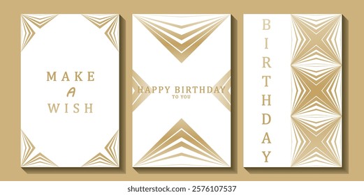 Set of luxury birthday cards on a white background. Modern gold and white design. Golden elegant geometric pattern, gold line on light background. Premium design illustration for birthday party.