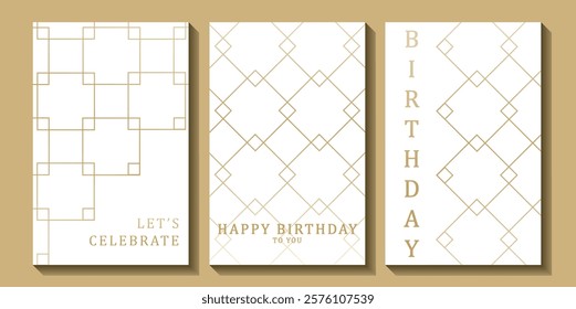 Set of luxury birthday cards on a white background. Modern gold and white design. Golden elegant geometric pattern, gold line on light background. Premium design illustration for birthday party.