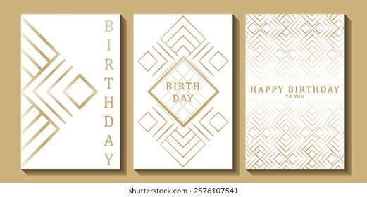 Set of luxury birthday cards on a white background. Modern gold and white design. Golden elegant geometric pattern, gold line on light background. Premium design illustration for birthday party.