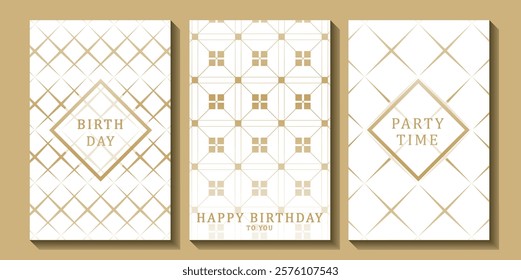 Set of luxury birthday cards on a white background. Modern gold and white design. Golden elegant geometric pattern, gold line on light background. Premium design illustration for birthday party.