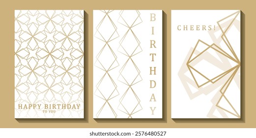 Set of luxury birthday cards on a white background. Modern gold and white design. Golden elegant geometric pattern, gold line on light background. Premium design illustration for birthday party.