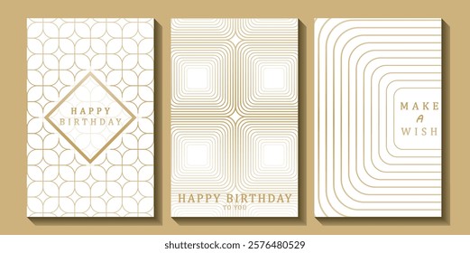 Set of luxury birthday cards on a white background. Modern gold and white design. Golden elegant geometric pattern, gold line on light background. Premium design illustration for birthday party.