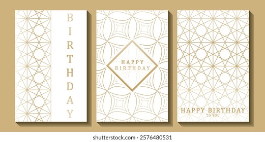 Set of luxury birthday cards on a white background. Modern gold and white design. Golden elegant geometric pattern, gold line on light background. Premium design illustration for birthday party.