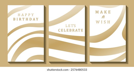 Set of luxury birthday cards on a white background. Modern gold and white design. Golden elegant geometric pattern, gold line on light background. Premium design illustration for birthday party.