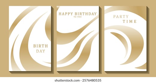 Set of luxury birthday cards on a white background. Modern gold and white design. Golden elegant geometric pattern, gold line on light background. Premium design illustration for birthday party.