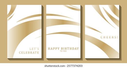 Set of luxury birthday cards on a white background. Modern gold and white design. Golden elegant geometric pattern, gold line on light background. Premium design illustration for birthday party.