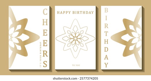 Set of luxury birthday cards on a white background. Modern gold and white design. Golden elegant geometric pattern, gold line on light background. Premium design illustration for birthday party.