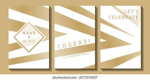 Set of luxury birthday cards on a white background. Modern gold and white design. Golden elegant geometric pattern, gold line on light background. Premium design illustration for birthday party.