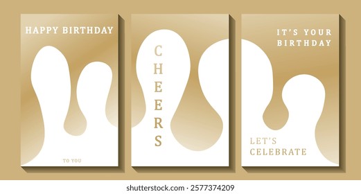 Set of luxury birthday cards on a white background. Modern gold and white design. Golden elegant geometric pattern, gold line on light background. Premium design illustration for birthday party.