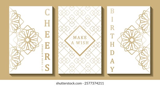 Set of luxury birthday cards on a white background. Modern gold and white design. Golden elegant geometric pattern, gold line on light background. Premium design illustration for birthday party.