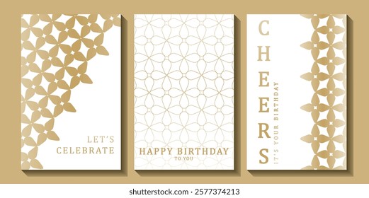 Set of luxury birthday cards on a white background. Modern gold and white design. Golden elegant geometric pattern, gold line on light background. Premium design illustration for birthday party.