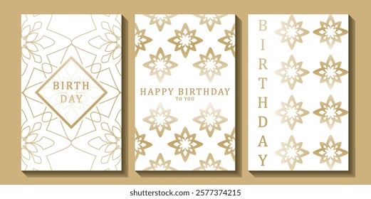 Set of luxury birthday cards on a white background. Modern gold and white design. Golden elegant geometric pattern, gold line on light background. Premium design illustration for birthday party.