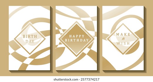 Set of luxury birthday cards on a white background. Modern gold and white design. Golden elegant geometric pattern, gold line on light background. Premium design illustration for birthday party.