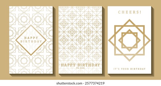 Set of luxury birthday cards on a white background. Modern gold and white design. Golden elegant geometric pattern, gold line on light background. Premium design illustration for birthday party.