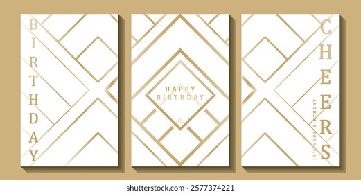 Set of luxury birthday cards on a white background. Modern gold and white design. Golden elegant geometric pattern, gold line on light background. Premium design illustration for birthday party.