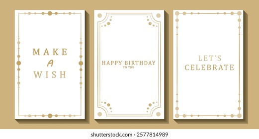 Set of luxury birthday cards on a white background. Modern gold and white design. Golden elegant geometric pattern, gold line on light background. Premium design illustration for birthday party.