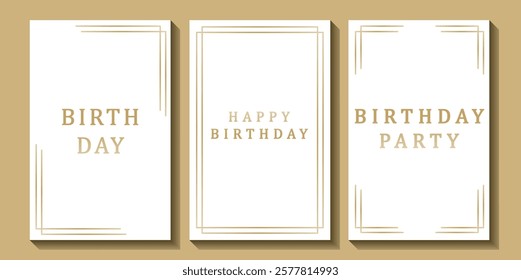 Set of luxury birthday cards on a white background. Modern gold and white design. Golden elegant geometric pattern, gold line on light background. Premium design illustration for birthday party.