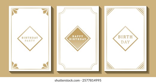 Set of luxury birthday cards on a white background. Modern gold and white design. Golden elegant geometric pattern, gold line on light background. Premium design illustration for birthday party.