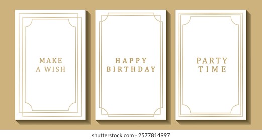 Set of luxury birthday cards on a white background. Modern gold and white design. Golden elegant geometric pattern, gold line on light background. Premium design illustration for birthday party.