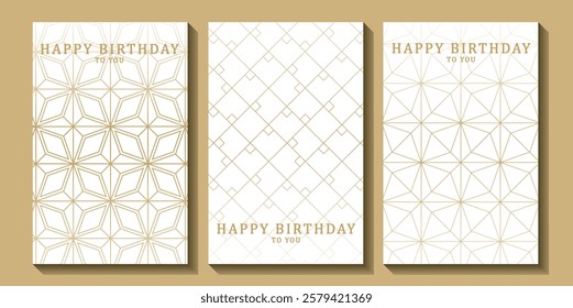 Set of luxury birthday cards on a white background. Modern gold and white design. Golden elegant geometric pattern, gold line on light background. Premium design illustration for birthday party.