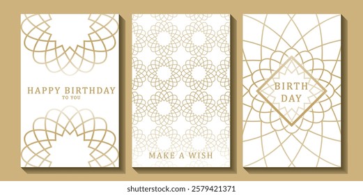 Set of luxury birthday cards on a white background. Modern gold and white design. Golden elegant geometric pattern, gold line on light background. Premium design illustration for birthday party.