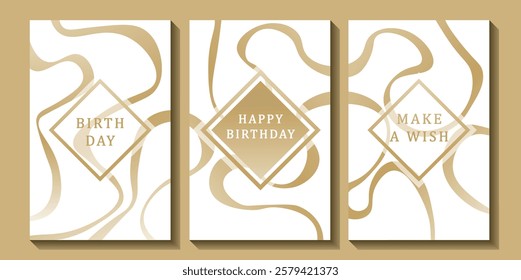 Set of luxury birthday cards on a white background. Modern gold and white design. Golden elegant geometric pattern, gold line on light background. Premium design illustration for birthday party.