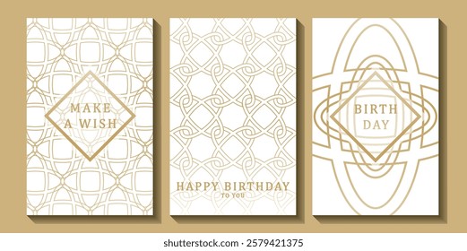 Set of luxury birthday cards on a white background. Modern gold and white design. Golden elegant geometric pattern, gold line on light background. Premium design illustration for birthday party.