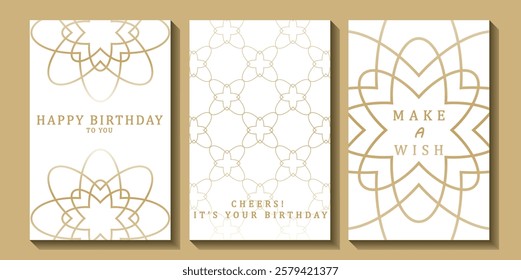 Set of luxury birthday cards on a white background. Modern gold and white design. Golden elegant geometric pattern, gold line on light background. Premium design illustration for birthday party.