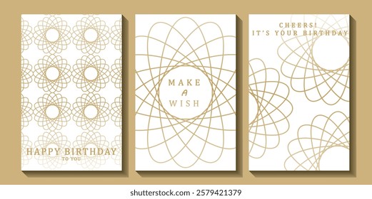 Set of luxury birthday cards on a white background. Modern gold and white design. Golden elegant geometric pattern, gold line on light background. Premium design illustration for birthday party.